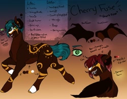 Size: 4096x3177 | Tagged: safe, artist:inisealga, derpibooru import, oc, oc only, oc:cherry fuse, bat pony, hybrid, pony, succubus, bat wings, coat markings, color palette, fangs, female, gradient background, high res, mare, reference sheet, solo, wings