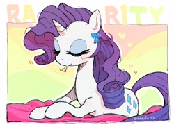 Size: 2010x1474 | Tagged: safe, artist:nendo, derpibooru import, rarity, pony, unicorn, blushing, eyes closed, female, hooves, horn, mare, mouth hold, signature, solo