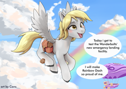 Size: 3508x2480 | Tagged: safe, artist:pwnagespartan, derpibooru import, derpy hooves, pegasus, pony, airship, bag, blushing, cloud, female, flying, food, hot air balloon, mare, muffin, open mouth, rainbow, saddle bag, sky, solo, speech bubble, zeppelin