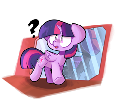 Size: 2400x2000 | Tagged: safe, artist:ronin20181, derpibooru import, twilight sparkle, twilight sparkle (alicorn), alicorn, changeling, pony, disguise, disguised changeling, female, mirror, partial background, purple changeling, question mark, simple background, solo, transparent background