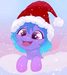 Size: 1834x2048 | Tagged: safe, artist:saphypone, derpibooru import, oc, oc only, pony, christmas, female, hat, holiday, not izzy moonbow, open mouth, santa hat, snow, solo