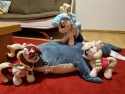 Size: 4032x3024 | Tagged: safe, artist:xeto_de, derpibooru import, cozy glow, oc, oc:lily allure, oc:vanilla cream, shark, blåhaj, female, filly, foal, irl, photo, plushie, shark plushie