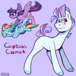 Size: 2048x2048 | Tagged: safe, artist:3ggmilky, derpibooru import, rainbow dash, twilight sparkle, twilight sparkle (alicorn), oc, oc:captain comet, alicorn, pegasus, pony, unicorn, female, horn, lesbian, magical lesbian spawn, male, next generation, offspring, parent:rainbow dash, parent:twilight sparkle, parents:twidash, shipping, simple background, twidash, unicorn oc