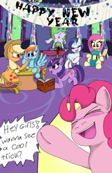 Size: 663x1024 | Tagged: safe, artist:mrleft, derpibooru import, applejack, fluttershy, pinkie pie, rainbow dash, rarity, twilight sparkle, twilight sparkle (alicorn), alicorn, earth pony, pegasus, pony, unicorn, comic:party trick, banner, blushing, book, clothes, comic, dialogue, ears, eyes closed, eyeshadow, floppy ears, hoofwrestle, looking into each others eyes, magic, makeup, open mouth, open smile, sitting, smiling, spread wings, statue, telekinesis, tongue, tongue out, twilight's castle, wavy mouth, wings, yelling