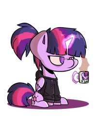 Size: 800x1000 | Tagged: safe, artist:ronin20181, derpibooru import, twilight sparkle, twilight sparkle (alicorn), alicorn, pony, alternate hairstyle, bags under eyes, clothes, coffee, female, glowing, glowing horn, hoodie, horn, magic, ponytail, simple background, solo, telekinesis, tired, transparent background