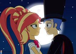 Size: 2737x1961 | Tagged: safe, artist:eagc7, derpibooru import, flash sentry, sunset shimmer, equestria girls, clothes, commission, cosplay, costume, domino mask, duo, female, flashimmer, hat, ko-fi, looking at each other, looking at someone, male, moon, night, patreon, sailor moon, shipping, straight, top hat, tuxedo mask