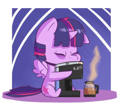 Size: 1200x1000 | Tagged: safe, artist:ronin20181, derpibooru import, twilight sparkle, twilight sparkle (alicorn), alicorn, pony, bags under eyes, chibi, coffee, coffee machine, eyes closed, female, one ear down, solo