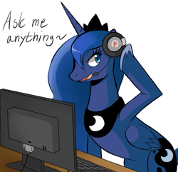 Size: 679x655 | Tagged: dead source, safe, artist:sallymon, derpibooru import, princess luna, alicorn, pony, 2012, ama, ask gamer luna, computer, desktop, female, gamer luna, gaming, headphones, headset, mare, microphone, nostalgia, simple background, white background