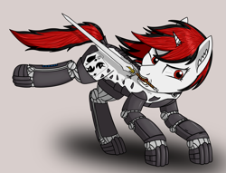 Size: 2263x1728 | Tagged: safe, artist:enteryourponyname, derpibooru import, oc, oc only, oc:blackjack, cyborg, pony, unicorn, fallout equestria, fallout equestria: project horizons, amputee, angry, augmented, cyber eyes, cyber legs, ear fluff, ears, female, horn, mare, prosthetic leg, prosthetic limb, prosthetics, simple background, small horn, solo, sword, weapon
