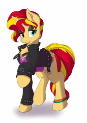 Size: 2896x4096 | Tagged: safe, artist:melodis, derpibooru import, sunset shimmer, pony, unicorn, clothes, ear piercing, eyeshadow, female, full body, high res, hooves, horn, jacket, leather jacket, lidded eyes, makeup, mare, open mouth, piercing, raised hoof, raised leg, shadow, simple background, solo, white background