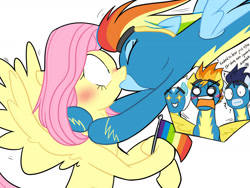 Size: 1600x1200 | Tagged: safe, artist:yaco, derpibooru import, edit, fleetfoot, fluttershy, rainbow dash, soarin', spitfire, pegasus, pony, :i, bipedal, blushing, clothes, expressions, eyes closed, female, flag, flutterdash, french kiss, glomp, goggles, grin, hoof hold, hug, kissing, lesbian, lesbian in front of boys, male, mare, open mouth, question mark, raised hoof, raised leg, shipper on deck, shipping, simple background, smiling, spread wings, stallion, starry eyes, surprised, translation, translator:1845368013, uniform, white background, wingboner, wingding eyes, wings, wonderbolts, wonderbolts uniform