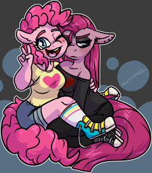 Size: 1458x1658 | Tagged: safe, artist:sexygoatgod, derpibooru import, pinkie pie, anthro, earth pony, blushing, clothes, converse, duality, ear piercing, ears, female, floppy ears, gauges, glare, goth, hug, looking at you, looking away, one eye closed, open mouth, open smile, peace sign, piercing, pinkamena diane pie, self paradox, self ponidox, shoes, smiling, sneakers, wink