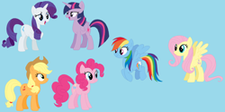 Size: 1718x858 | Tagged: safe, artist:selenaede, artist:twilyisbestpone, derpibooru exclusive, derpibooru import, applejack, fluttershy, pinkie pie, rainbow dash, rarity, twilight sparkle, twilight sparkle (alicorn), alicorn, earth pony, pegasus, pony, unicorn, base used, female, flying, lidded eyes, light blue background, mane six, mare, raised hoof, raised leg, simple background, smiling, spread wings, standing, wings