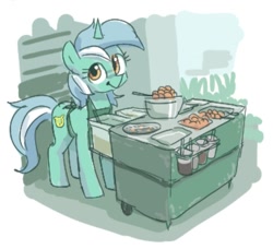 Size: 720x656 | Tagged: safe, artist:plunger, derpibooru import, lyra heartstrings, pony, unicorn, apron, clothes, cropped, female, food, looking at you, mare, smile, smiling, solo, vendor, vendor stall