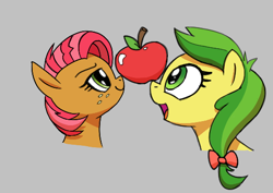 Size: 520x368 | Tagged: safe, apple fritter, babs seed, pony, aggie.io, apple, apple family member, bust, eyebrows, female, filly, foal, food, freckles, happy, looking at something, looking up, mare, open mouth, open smile, portrait, simple background, smiling