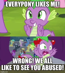 Size: 500x560 | Tagged: safe, edit, edited screencap, ponerpics import, screencap, pinkie pie, spike, twilight sparkle, dragon, earth pony, pony, unicorn, horse play, it ain't easy being breezies, abuse, background pony strikes again, booing, female, food, male, op is trying to start shit, op isn't even trying anymore, shitposting, spikeabuse, stage, text, tomato, tomatoes