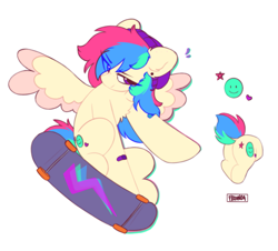 Size: 1273x1153 | Tagged: safe, artist:flixanoa, derpibooru import, oc, oc only, oc:360, pegasus, pony, cute, ear fluff, ears, eye clipping through hair, female, floating, floppy ears, freckles, happy, long mane, mare, reference sheet, short tail, simple background, skateboard, solo, tail, white background, wings