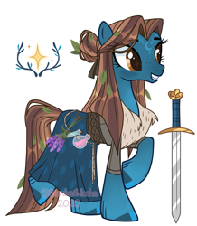 Size: 1133x1300 | Tagged: safe, artist:stardust-mocha, derpibooru import, oc, oc only, oc:highland merry, earth pony, pony, belt, clothes, coat, coat markings, female, flower, fur coat, grin, leaf, leaves, mare, potion, raised hoof, raised leg, rope, scotland, simple background, skirt, smiling, solo, sword, tattoo, thistle, transparent background, weapon