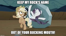 Size: 898x500 | Tagged: safe, artist:mlpfan3991, derpibooru import, edit, edited screencap, screencap, applejack, rarity, tom, earth pony, unicorn, the return of harmony, abuse, caption, chris rock, discorded, female, fight, fighting words, image macro, keep my wife's name out of your mouth, meme, oscar, parody, ponified, ponified meme, rock, text, will smith, will smith slapping chris rock