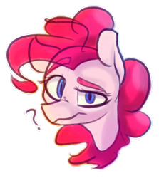 Size: 2500x2800 | Tagged: safe, artist:packy paca, derpibooru import, pinkie pie, earth pony, pony, bust, eyebrows, eyebrows visible through hair, female, high res, looking at you, mare, portrait, question mark, raised eyebrow, simple background, solo, transparent background