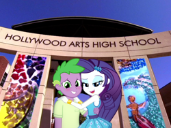 Size: 1024x768 | Tagged: safe, edit, editor:undeadponysoldier, rarity, spike, equestria girls, arch, bedroom eyes, blushing, crossover, edited photo, equestria girls in real life, happy, highschool, hollywood arts high school, human spike, irl, irl background, irl photo, looking at you, makeup, school, shipping, sign, sitcom, sparity, victorious