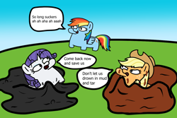 Size: 1200x800 | Tagged: safe, artist:fluttershank, derpibooru import, applejack, rainbow dash, rarity, earth pony, pegasus, unicorn, dialogue, hat, meme, mud, quicksand, rainbow douche, redraw, squatpony, tar, tar pit