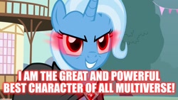 Size: 1280x720 | Tagged: safe, derpibooru import, edit, edited screencap, screencap, trixie, pony, unicorn, magic duel, alicorn amulet, cape, caption, clothes, evil grin, evil trixie, female, glowing, glowing eyes, grin, mare, smiling, solo, text