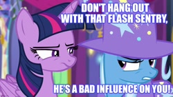 Size: 1280x720 | Tagged: safe, derpibooru import, edit, edited screencap, screencap, trixie, twilight sparkle, twilight sparkle (alicorn), alicorn, no second prances, caption, image macro, implied flash sentry, implied flashlight, implied shipping, implied straight, text