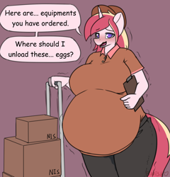 Size: 1342x1397 | Tagged: safe, artist:bumpywish, derpibooru import, oc, oc only, oc:angular, anthro, unicorn, bedroom eyes, belly, big belly, big breasts, blushing, box, breasts, clothes, dialogue, digital art, female, horn, huge breasts, looking at you, mail, mailmare, open mouth, pants, pregnant, shirt, solo, speech bubble, tail, talking, text, thighs, waterbreak