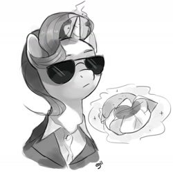 Size: 1871x1871 | Tagged: safe, artist:cadillacdynamite, derpibooru import, starlight glimmer, pony, unicorn, burger, clothes, food, glowing, glowing horn, hamburger, horn, monochrome, solo, suit, sunglasses