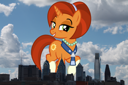 Size: 2401x1599 | Tagged: safe, artist:cheezedoodle96, artist:thegiantponyfan, derpibooru import, edit, stellar flare, pony, unicorn, coat markings, female, giant pony, giant stellar flare, giant unicorn, giantess, high res, highrise ponies, irl, jewelry, looking at you, macro, mare, mega giant, necklace, pearl necklace, pennsylvania, philadelphia, photo, ponies in real life, smiling, socks (coat marking), story included