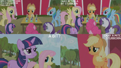 Size: 1280x720 | Tagged: safe, derpibooru import, edit, edited screencap, editor:quoterific, screencap, applejack, fluttershy, pinkie pie, rainbow dash, rarity, twilight sparkle, unicorn twilight, earth pony, pegasus, pony, unicorn, applebuck season, season 1, applejack's hat, clothes, cowboy hat, female, hat, mane six, mare, smiling, spread wings, text, wings