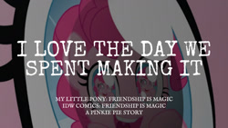 Size: 1280x720 | Tagged: safe, derpibooru import, edit, editor:quoterific, idw, pinkie pie, earth pony, pony, a pinkie pie story, female, mare, open mouth, open smile, reflection, smiling, solo, text