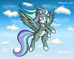 Size: 3375x2700 | Tagged: safe, artist:ingolf arts, derpibooru import, oc, oc only, oc:viola sunset, pegasus, pony, cloud, female, flying, grin, high res, looking at you, mare, sky, smiling, solo, spread wings, wings