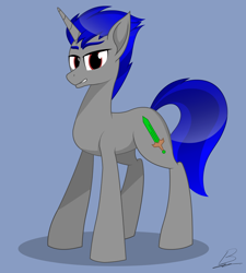 Size: 1800x2000 | Tagged: safe, artist:benzayngcup, derpibooru import, oc, oc only, oc:enigan, pony, unicorn, blue background, full body, hooves, horn, shading, shadow, signature, simple background, solo, standing, unicorn oc