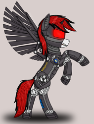 Size: 2133x2812 | Tagged: safe, derpibooru import, oc, oc:blackjack, cyborg, pony, fallout equestria, fallout equestria: project horizons, ace of spades, angry, artificial alicorn, artificial wings, augmented, cyber eyes, cyber legs, female, glowing, glowing eyes, level 4 (alicorn eclipse) (project horizons), mare, mechanical wing, playing card, prosthetic leg, prosthetic limb, prosthetics, simple background, solo, wings