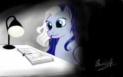 Size: 1280x800 | Tagged: safe, artist:adolphusarthuro, derpibooru import, pegasus, pony, book, fanfic art, lamp, pencil in mouth, silver glow, solo