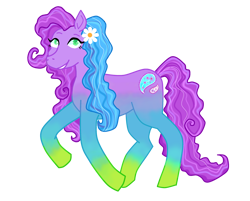 Size: 2524x2026 | Tagged: safe, artist:vernorexia, derpibooru import, daisy, earth pony, pony, g3, g4, blue mane, colored hooves, colored pupils, curly hair, curly mane, curly tail, daisy paisley, digital art, eyelashes, flower, flower in hair, g3 to g4, generation leap, gradient legs, green eyes, highlights, long mane, long tail, multicolored hair, purple coat, purple mane, simple background, smiling, solo, stylized, tail, transparent background, wingding eyes