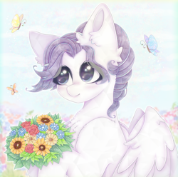 Size: 2020x2000 | Tagged: safe, artist:saltyvity, derpibooru import, oc, oc only, butterfly, crystal pony, pegasus, pony, big eyes, blushing, cloud, commission, crystal eyes, cute, cute face, cute smile, flower, purple eyes, purple hair, sky, solo, sparkles, spring