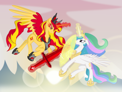 Size: 5893x4420 | Tagged: safe, artist:spinoffjoe, derpibooru import, princess celestia, sunset shimmer, alicorn, pony, fanfic:sunset of time, alicorn amulet, alicornified, duo, fanfic art, female, force field, glowing, glowing horn, horn, race swap, shimmercorn