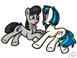 Size: 1024x768 | Tagged: safe, artist:spinoffjoe, derpibooru import, dj pon-3, octavia melody, vinyl scratch, earth pony, pony, unicorn, duo, female, lesbian, looking at each other, looking at someone, scratchtavia, shipping, simple background, smiling, transparent background