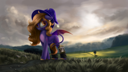 Size: 4000x2250 | Tagged: safe, artist:flusanix, derpibooru import, oc, oc only, bat pony, pony, crepuscular rays, hat, lantern, mountain, scenery, solo, tree, wizard hat