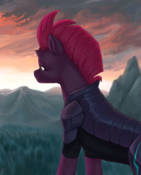 Size: 1280x1585 | Tagged: safe, artist:tigra0118, derpibooru import, tempest shadow, pony, unicorn, my little pony: the movie, digital art, evening, female, looking at something, mountain, my little pony, solo, sunset