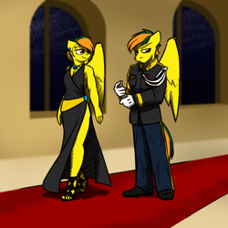 Size: 1280x1280 | Tagged: safe, artist:captainhoers, derpibooru import, oc, oc only, oc:dual screen, anthro, pegasus, plantigrade anthro, breasts, cleavage, clothes, colored, colored sketch, dress, dress uniform, female, high heels, male, mare, shoes, simple background, stallion, uniform, wonderbolts dress uniform