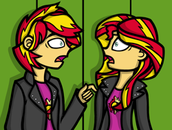 Size: 1024x768 | Tagged: safe, artist:spinoffjoe, derpibooru import, sunset glare, sunset shimmer, equestria girls, clothes, duo, equestria guys, female, jacket, leather jacket, male, open mouth, r63 paradox, rule 63, self paradox, self ponidox, shocked, wide eyes