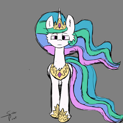 Size: 2048x2048 | Tagged: safe, artist:solder point, derpibooru import, princess celestia, alicorn, pony, cheek fluff, chest fluff, colored, crown, digital art, ear fluff, ears, ethereal mane, ethereal tail, female, flat colors, fluffy, gray background, hoof fluff, intimidating, jewelry, looking at you, mare, regalia, signature, simple background, sketch, solo, standing, tail, unamused