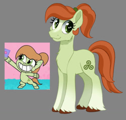 Size: 1280x1215 | Tagged: safe, artist:horse-time-babey, derpibooru import, edit, edited screencap, screencap, earth pony, pony, death of a sales-pony, my little pony: pony life, bipedal, chest fluff, clover swirl, female, full body, gray background, grin, hooves, mare, ponytail, simple background, smiling, solo, standing, tail, unshorn fetlocks