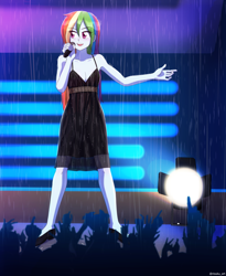 Size: 818x1000 | Tagged: safe, artist:riouku, derpibooru import, rainbow dash, equestria girls, alternate hairstyle, black dress, clothes, commission, commissioner:ajnrules, concert, crowd, dress, female, flats, little black dress, microphone, open mouth, rain, rainbow dash always dresses in style, shoes, singing, solo, spotlight, stage, wet dress, wet hair