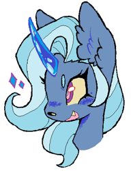 Size: 640x832 | Tagged: safe, artist:alicornfluttershy, derpibooru import, trixie, pony, unicorn, colored horn, cute, cute little fangs, fangs, horn, simple background, solo, white background