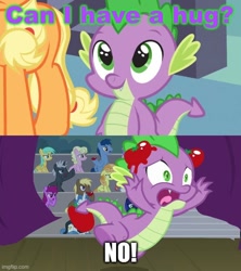 Size: 500x562 | Tagged: safe, edit, edited screencap, screencap, applejack, spike, dragon, earth pony, pony, horse play, spike at your service, background pony strikes again, booing, denied, female, food, hug request, male, op isn't even trying anymore, shitposting, solo focus, spikeabuse, stage, tomato, tomatoes